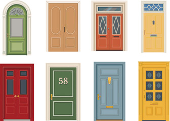 Vector set of colorful vintage and modern front doors in various architectural styles, ideal for real estate and design projects