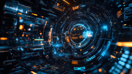 Digital tunnel showcasing vibrant blue and orange data streams in a futuristic design at night