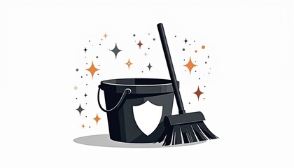 Cleaning supplies illustration with broom bucket on white background. Housekeeping, tidiness, hygiene concept. Sanitation services. Graphic design element for domestic cleaning business.