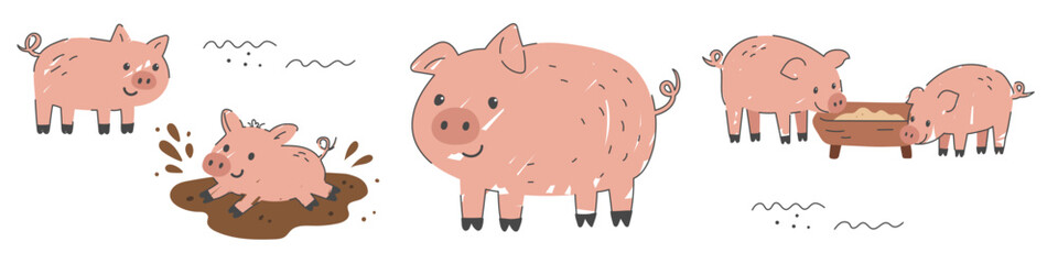 Cute pigs on the farm playing in mud and eating from trough, illustrated in colorful cartoon flat style. Ideal for children designs and clipart