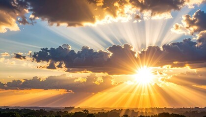Radiant Sunlight Warm golden light bursts through soft, billowy clouds over a peaceful landscape, creating an ethereal, optimistic view