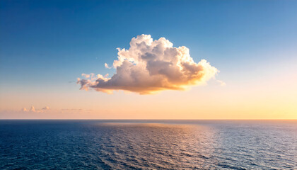 A single fluffy cloud illuminated by the warm glow of sunset hovers over the calm ocean, casting a soft reflection on the water.