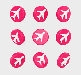 3D Pink coins with a white airplane on its surface, symbolizing travel or aviation. 3d illustration