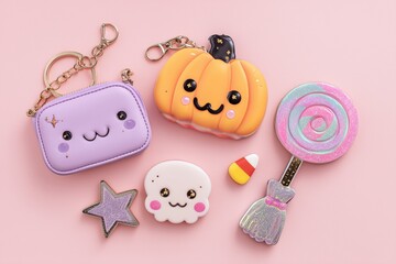Cute Halloween Themed Keychains and Accessories on Pink Background