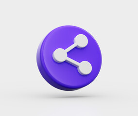 3D Purple circular icon with a white share symbol, representing content sharing. 3D Illustration.