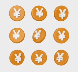 3D Orange coins with a white Yen symbol, representing Japanese currency and finance. 3d illustration