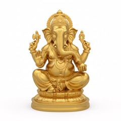 A golden statuette depicting Ganesha in a meditation pose, holding attributes,