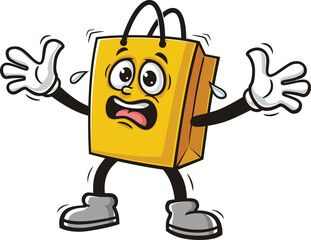 Cartoon mascot of shopping bag is panicking and scared