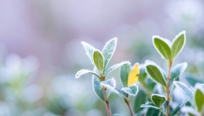 Obraz premium Frosty leaves, winter garden, blurred background, nature scene, postcard