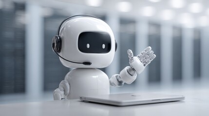 White ai customer service robot wearing headset is gesturing with one hand while sitting at desk with laptop in server room, showcasing the future of automated support