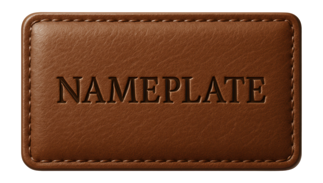 Brown leather nameplate with engraved text
