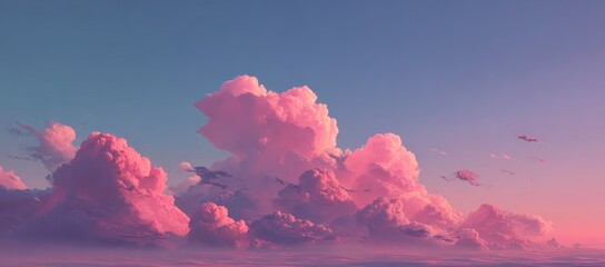 Dreamy pink clouds at dawn. A pastel pink and blue sky is filled with fluffy, cumulus clouds bathed in a soft, warm light