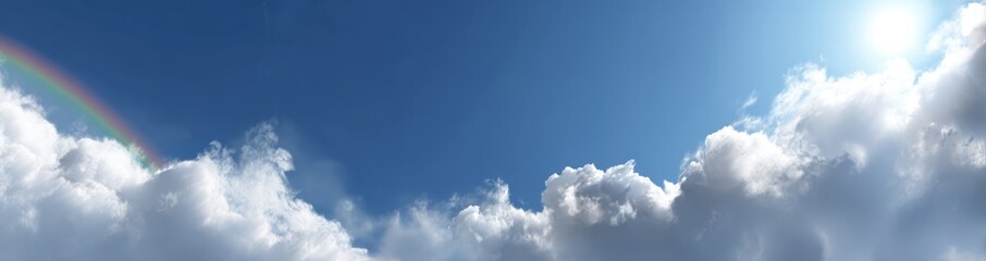Fototapeta premium Panoramic view of a bright blue sky with fluffy clouds and a rainbow peeking out from behind them, with sunlight in upper right corner