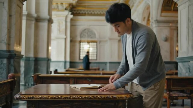 Young male student taking notes from a textbook in an ornate university library, focused on his studies in a quiet and studious environment