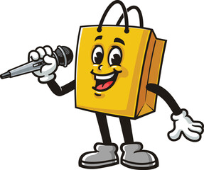 Cartoon shopping bag mascot holding microphone and singing