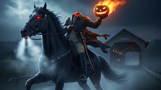 Headless Horseman gallops on black steed, fiery jack-o'-lantern. Halloween horror, spooky legend, ghostly apparition for themed events, haunted attractions, gaming, and horror promotions.