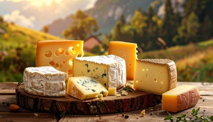 A selection of assorted cheeses displayed on a rustic wooden platter, set against a scenic backdrop of rolling hills and trees, creating a visually appealing image of gourmet food.