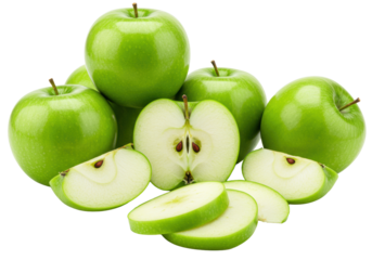 Vibrant green Granny Smith apples, whole, halved revealing white flesh & star core, and fanned translucent slices, meticulously arranged on a transparent background. Concept for healthy product