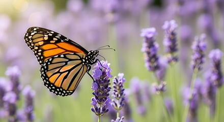 Naklejka premium A monarch butterfly delicately sips nectar from a vibrant lavender flower, showcasing a beautiful contrast of colors and textures.