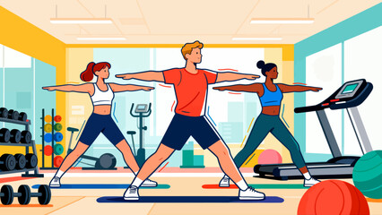 Doing warm-up exercises in the gym, hand-drawn vector illustrations
