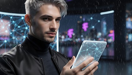 Futuristic businessman using holographic tablet night skyline
