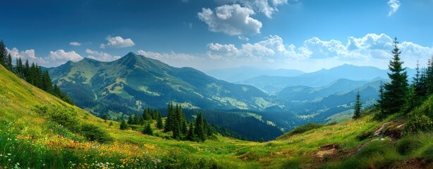 Fototapeta premium A sweeping vista of rolling green mountains with scattered pines, under a bright blue sky dotted with fluffy white clouds