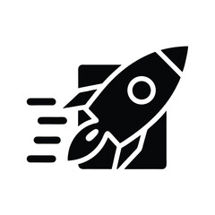 Black rocket icon powerfully launches from square backdrop with dynamic speed trails shown