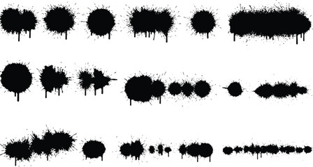 Collection of black spray paint splatters and drips on transparent background