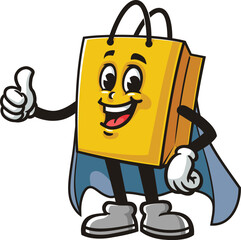 Cartoon shopping bag mascot with superhero style