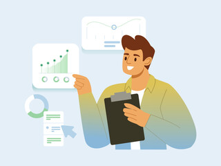 Business process, Presentation, Solution, Strategy to Implemen Concept. Man Studying Diagram Reports. Flat Vector illustration.