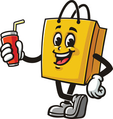 Cartoon shopping bag mascot holding a soft drink