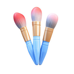 Three makeup brushes, vibrant colors,  blue handles,  pink/red heads