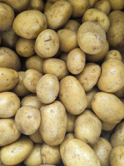 Close-up of a large group of raw yellow potatoes with natural skin texture, fresh tubers commonly used in Mediterranean cuisine