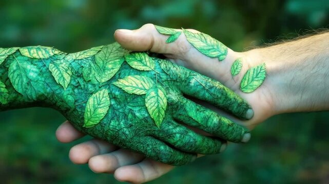 Two hands meet in a handshake, their skin beautifully painted with green leaves. This moment showcases a creative blend of nature and human connection, set against a serene forest backdrop.