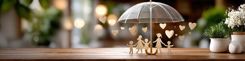 Transparent umbrella protecting family of wooden figures with floating hearts, insurance and love concept
