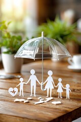 Transparent umbrella protecting paper cutout family, health and life insurance concept