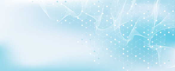 Modern health care or medical background design. Health care innovation concept. Horizontal header web banner. Abstract geometric background with hexagon shapes for medicine, science, chemistry.