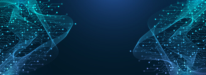 Modern technology circuit board texture background design. Quantum computer technologies concepts, large data processing. Futuristic blue circuit board background. Minimal vector motherboard