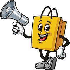 Cartoon shopping bag mascot holding a megaphone or loudspeaker