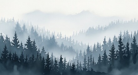 Obraz premium A serene, misty mountain range, blanketed in a dense forest, rendered in soft, cool tones.