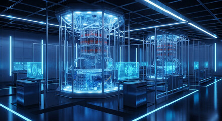 Futuristic quantum computing lab with advanced technology and glowing blue data displays