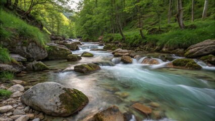 Serene River Passage: A vibrant river carves its path through a verdant forest, its clear water cascading over smooth stones, creating a sense of tranquility and natural beauty. 