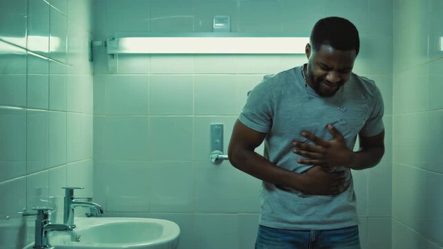 Young man is standing in a bathroom, bending over slightly and holding his stomach in pain, suggesting a stomach ache or digestive problem