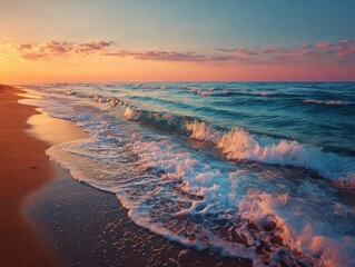 Wide-angle view of a serene beach at sunset, waves gently kissing the shore