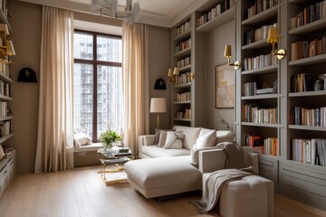 Fototapeta premium A cozy, well-lit library with a comfortable seating area.