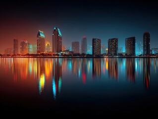 Wide-angle view of an enchanting city skyline, illuminated by vibrant, flickering lights