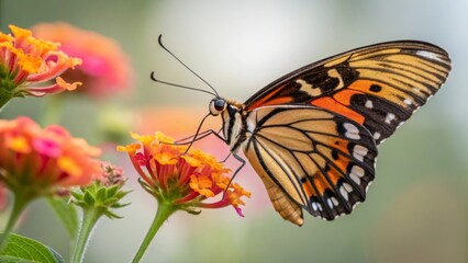 Fototapeta premium Butterfly on Colorful Flora: A detailed capture showcases the delicate beauty of a butterfly delicately perched upon vibrant flowers, showcasing nature's intricate designs.