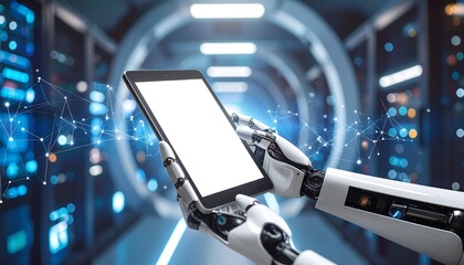 A robotic arm holds a tablet with a blank screen in a futuristic server room with blue accents and digital network overlay