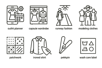 Fashion and clothing icons set including wardrobe, runway, modeling, and care label