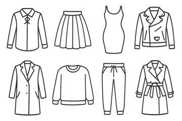 Set of fashion outline icons representing various clothing styles